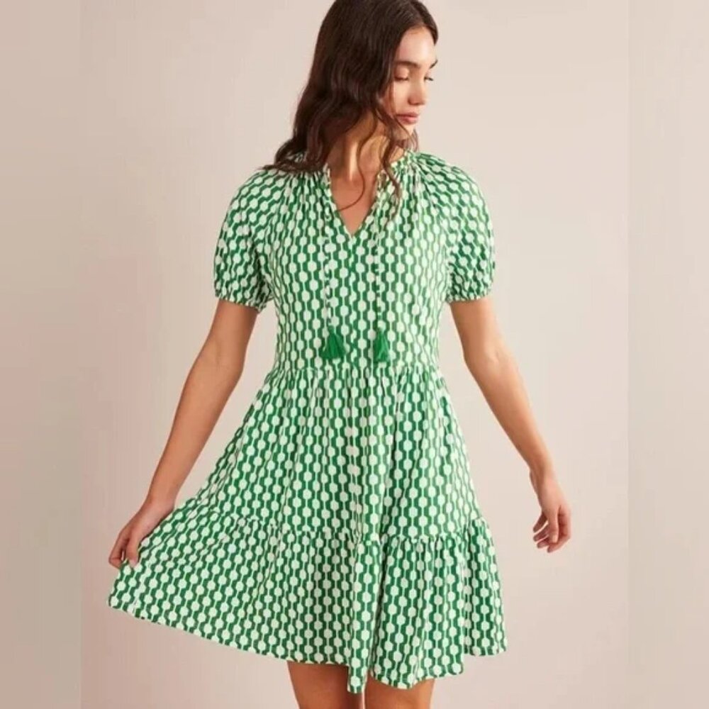 Boden Green Geometric Print Short-Sleeve Dress